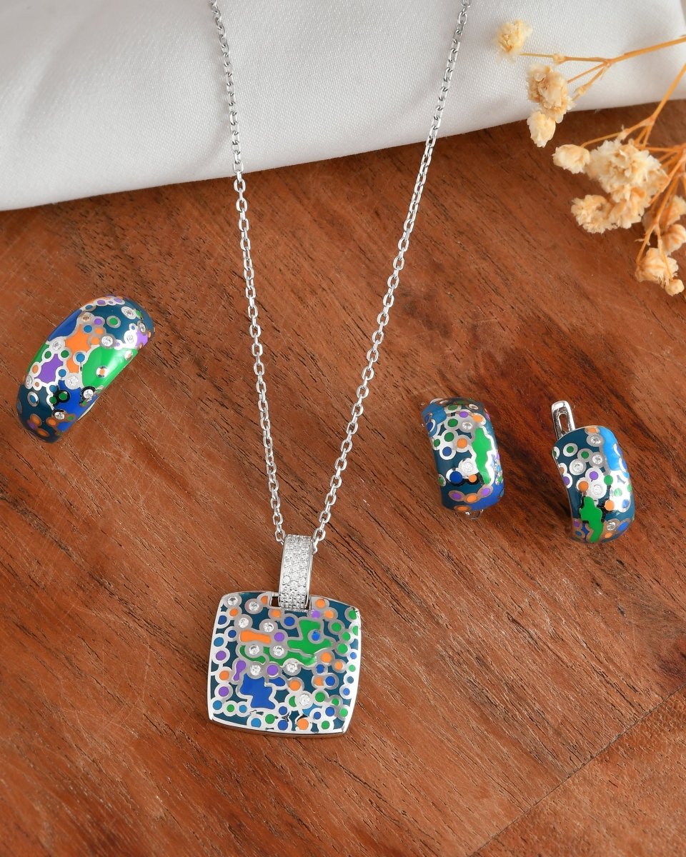 Sterling Silver Mosaic Enamel Square Jewelry Set – Necklace, Huggie Earrings & Matching Ring - Zirak Silver
