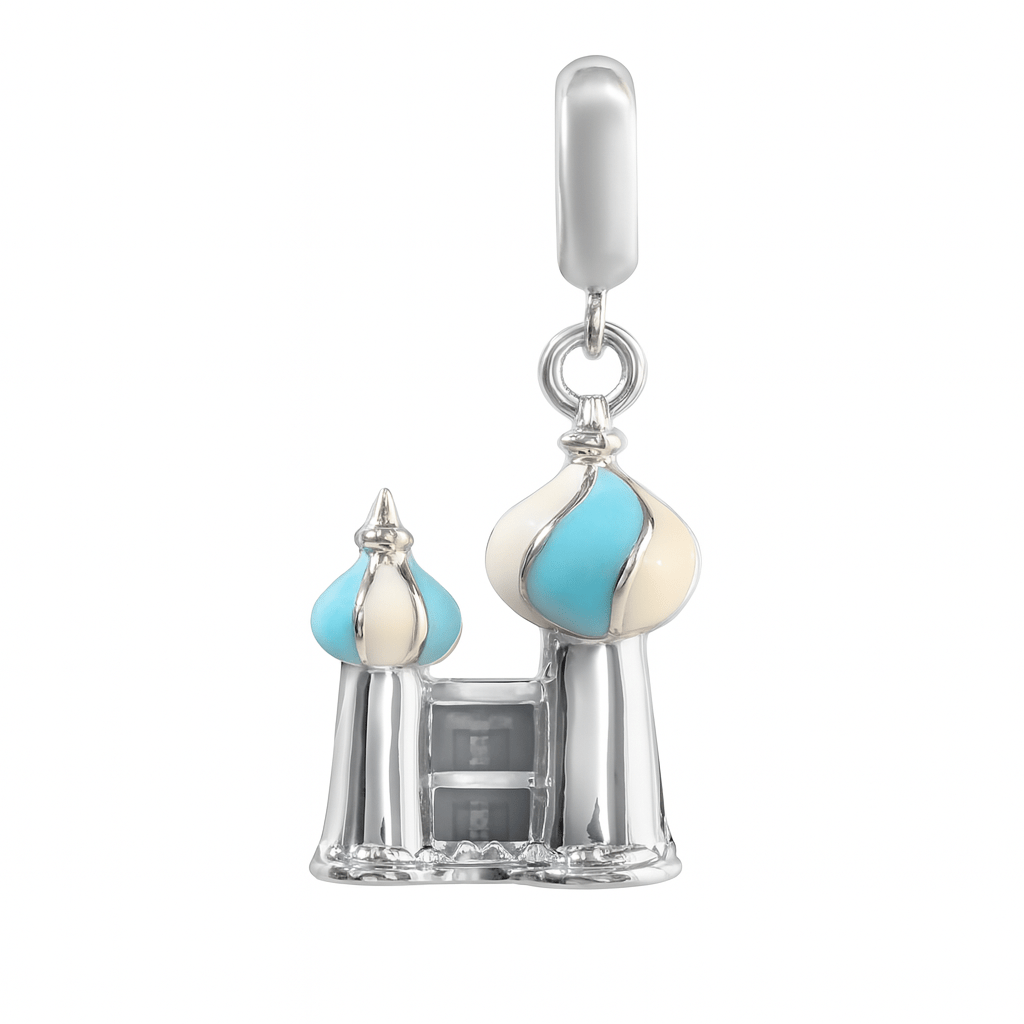 Sterling Silver Mosque Architectural Charm Pendant with Blue & White Enamel – 925 Silver Religious Jewelry - Zirak Silver