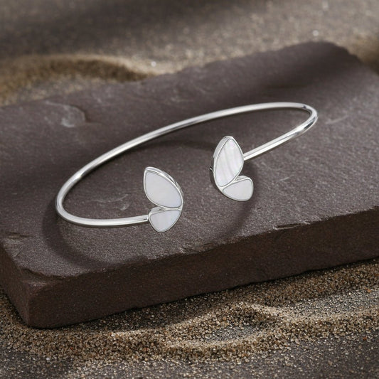 Sterling Silver Open Cuff White Enamel Petal Bracelet - Zirak Silver