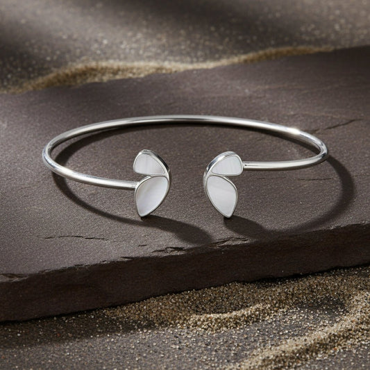 Sterling Silver Open Cuff White Enamel Petal Bracelet - Zirak Silver