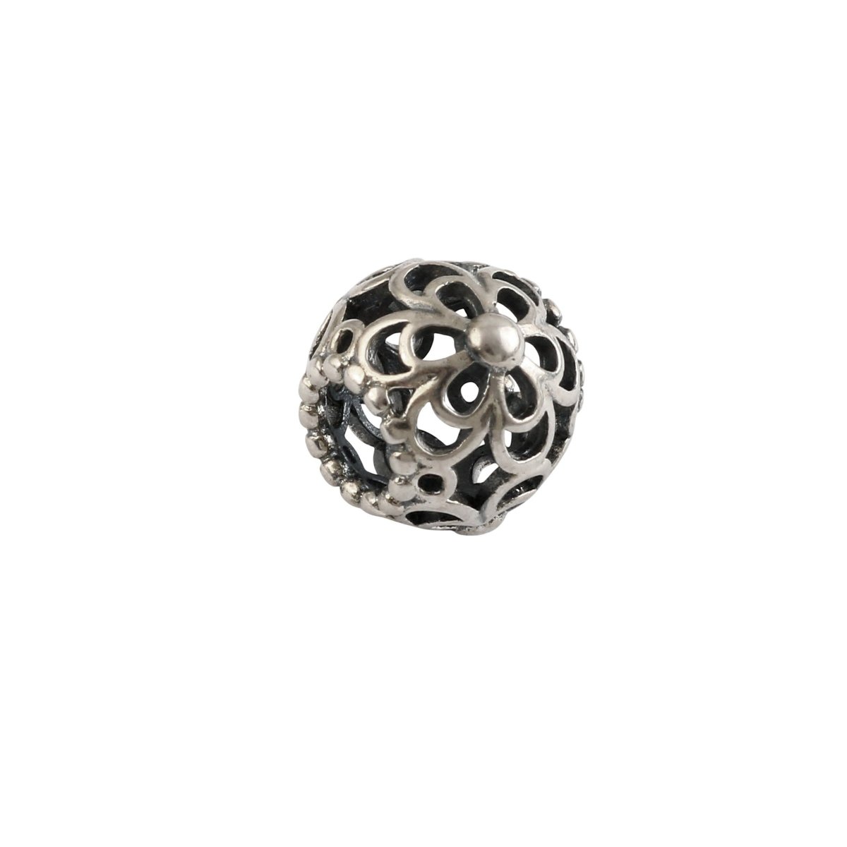 Sterling Silver Openwork Floral Bead Charm – Vintage Inspired Filigree Spacer - Zirak Silver