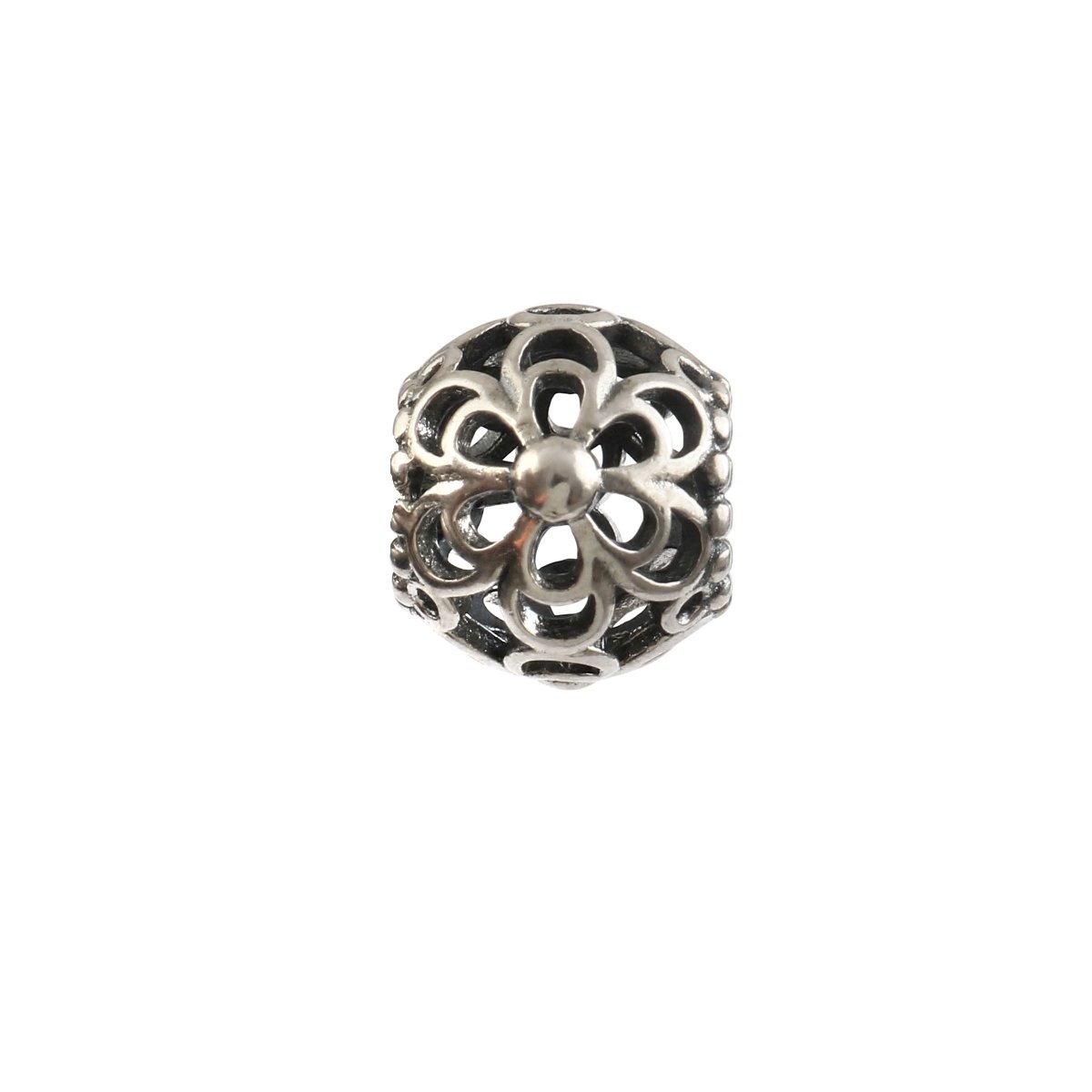 Sterling Silver Openwork Floral Bead Charm – Vintage Inspired Filigree Spacer - Zirak Silver