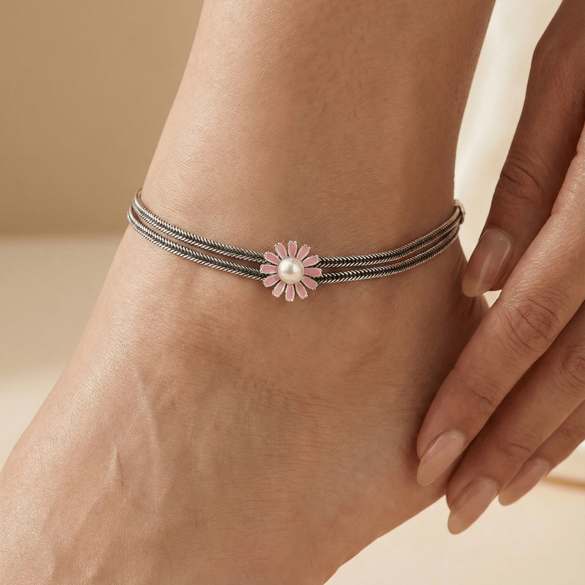 Sterling Silver Oxidized Pink Daisy Flower Anklet with Double Chain Design - Zirak Silver