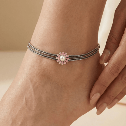 Sterling Silver Oxidized Pink Daisy Flower Anklet with Double Chain Design - Zirak Silver