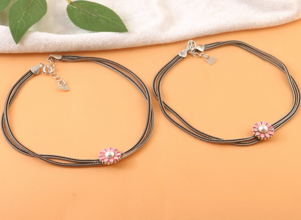 Sterling Silver Oxidized Pink Daisy Flower Anklet with Double Chain Design - Zirak Silver