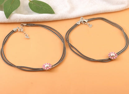 Sterling Silver Oxidized Pink Daisy Flower Anklet with Double Chain Design - Zirak Silver