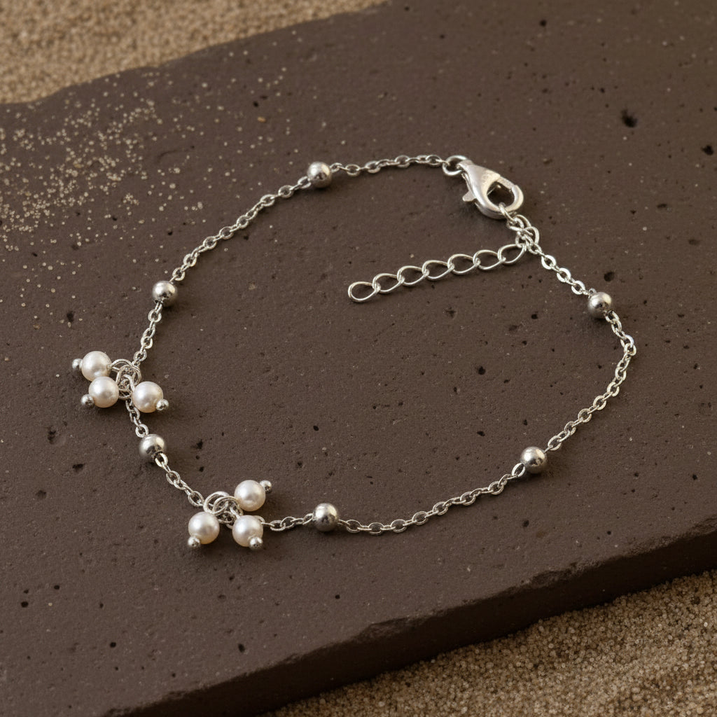 Sterling Silver Pearl Beaded Bracelet – Dainty Adjustable Chain Bracelet for Women - Zirak Silver
