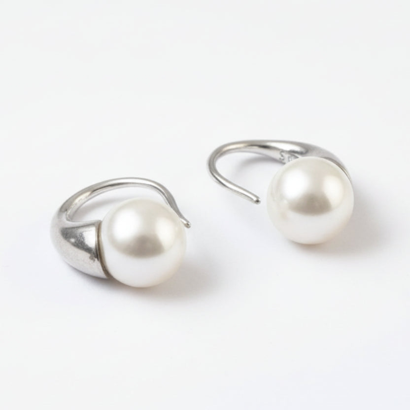 Sterling Silver Pearl Half Hoop Earrings – Minimal Elegant White Pearl Studs for Women - Zirak Silver
