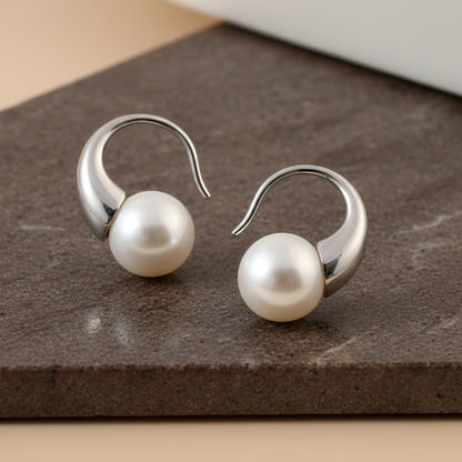 Sterling Silver Pearl Half Hoop Earrings – Minimal Elegant White Pearl Studs for Women - Zirak Silver