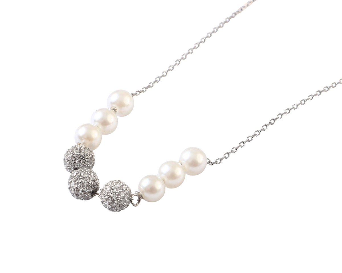 Sterling Silver Pearl Necklace with Pave Beads | Minimal Elegant Chain Necklace - Zirak Silver