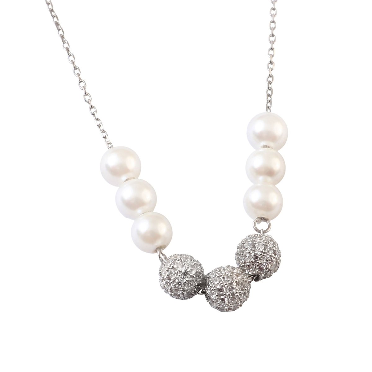 Sterling Silver Pearl Necklace with Pave Beads | Minimal Elegant Chain Necklace - Zirak Silver
