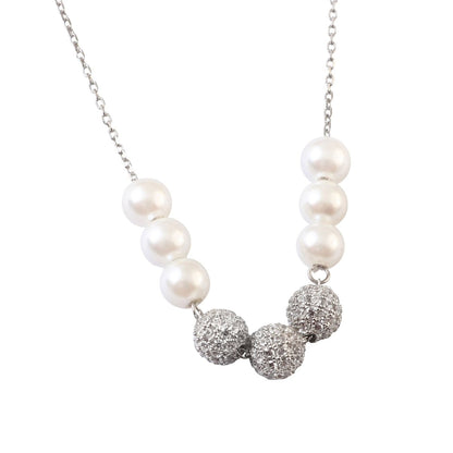 Sterling Silver Pearl Necklace with Pave Beads | Minimal Elegant Chain Necklace - Zirak Silver