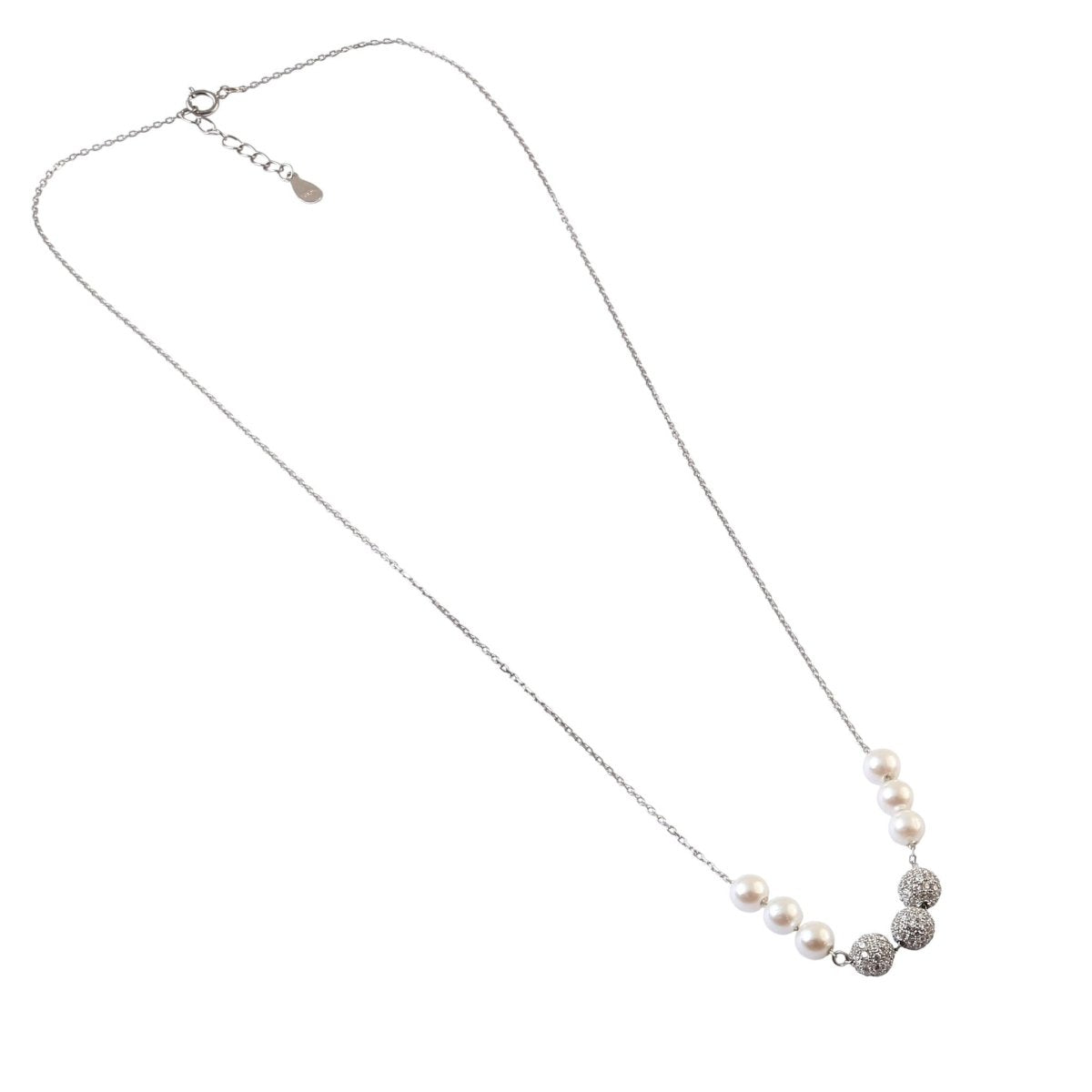 Sterling Silver Pearl Necklace with Pave Beads | Minimal Elegant Chain Necklace - Zirak Silver