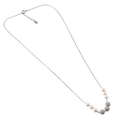 Sterling Silver Pearl Necklace with Pave Beads | Minimal Elegant Chain Necklace - Zirak Silver