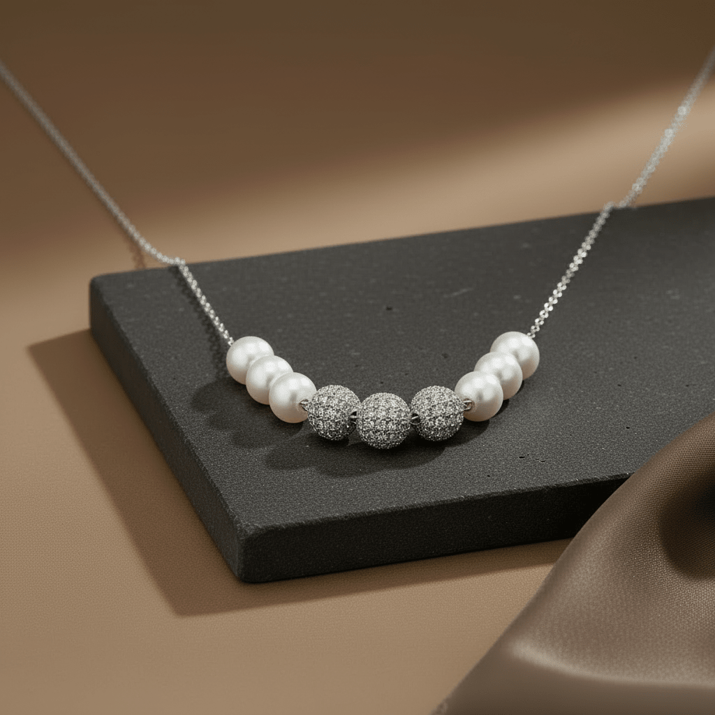 Sterling Silver Pearl Necklace with Pave Beads | Minimal Elegant Chain Necklace - Zirak Silver
