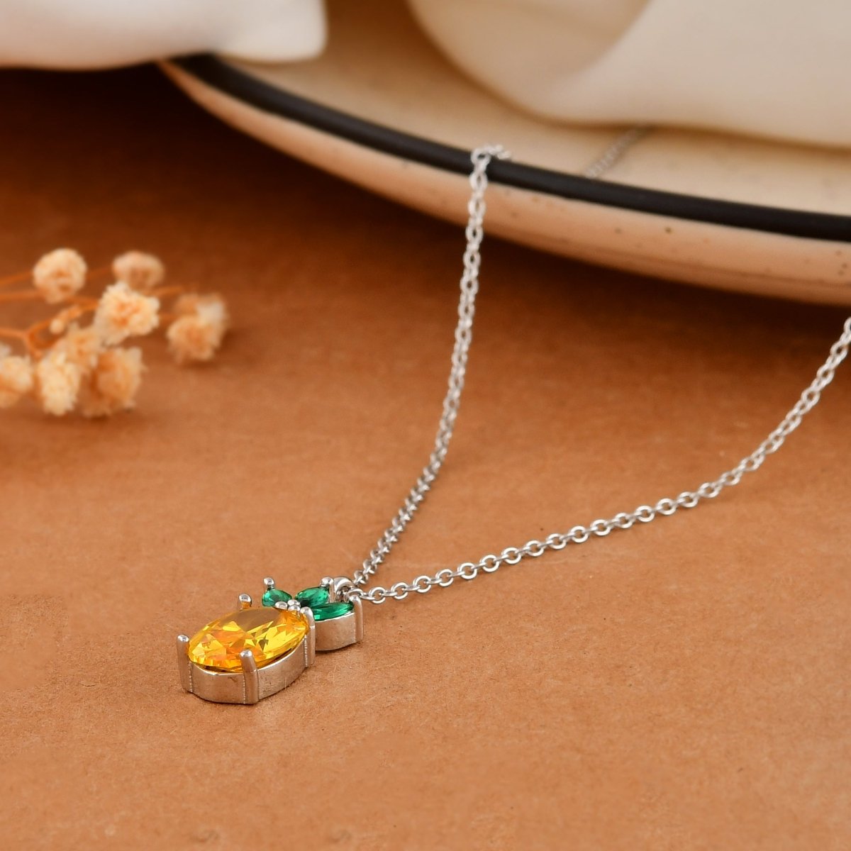 Sterling Silver Pineapple Necklace with Yellow & Green CZ – Tropical Fruit Pendant - Zirak Silver