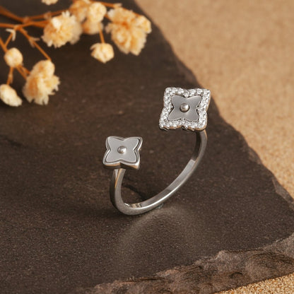Sterling Silver Quatrefoil Open Ring with White Enamel & Pavé CZ – Adjustable Clover Flower Band - Zirak Silver