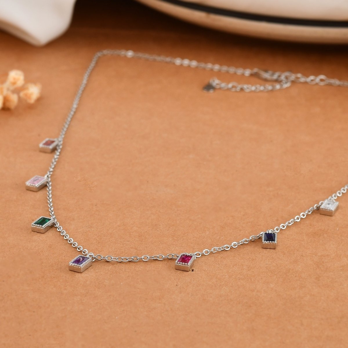 Sterling Silver Rainbow Baguette Charm Necklace – Multicolor Cubic Zirconia Dangle Choker, Adjustable 16 - 18 - Zirak Silver