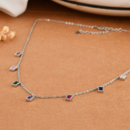 Sterling Silver Rainbow Baguette Charm Necklace – Multicolor Cubic Zirconia Dangle Choker, Adjustable 16 - 18 - Zirak Silver
