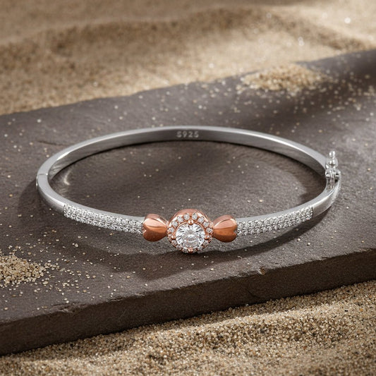Sterling Silver & Rose Gold Heart Halo CZ Bangle Bracelet - Zirak Silver