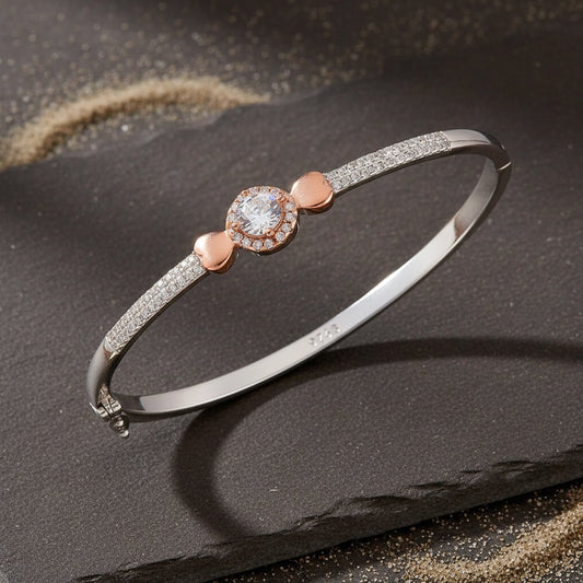 Sterling Silver & Rose Gold Heart Halo CZ Bangle Bracelet - Zirak Silver