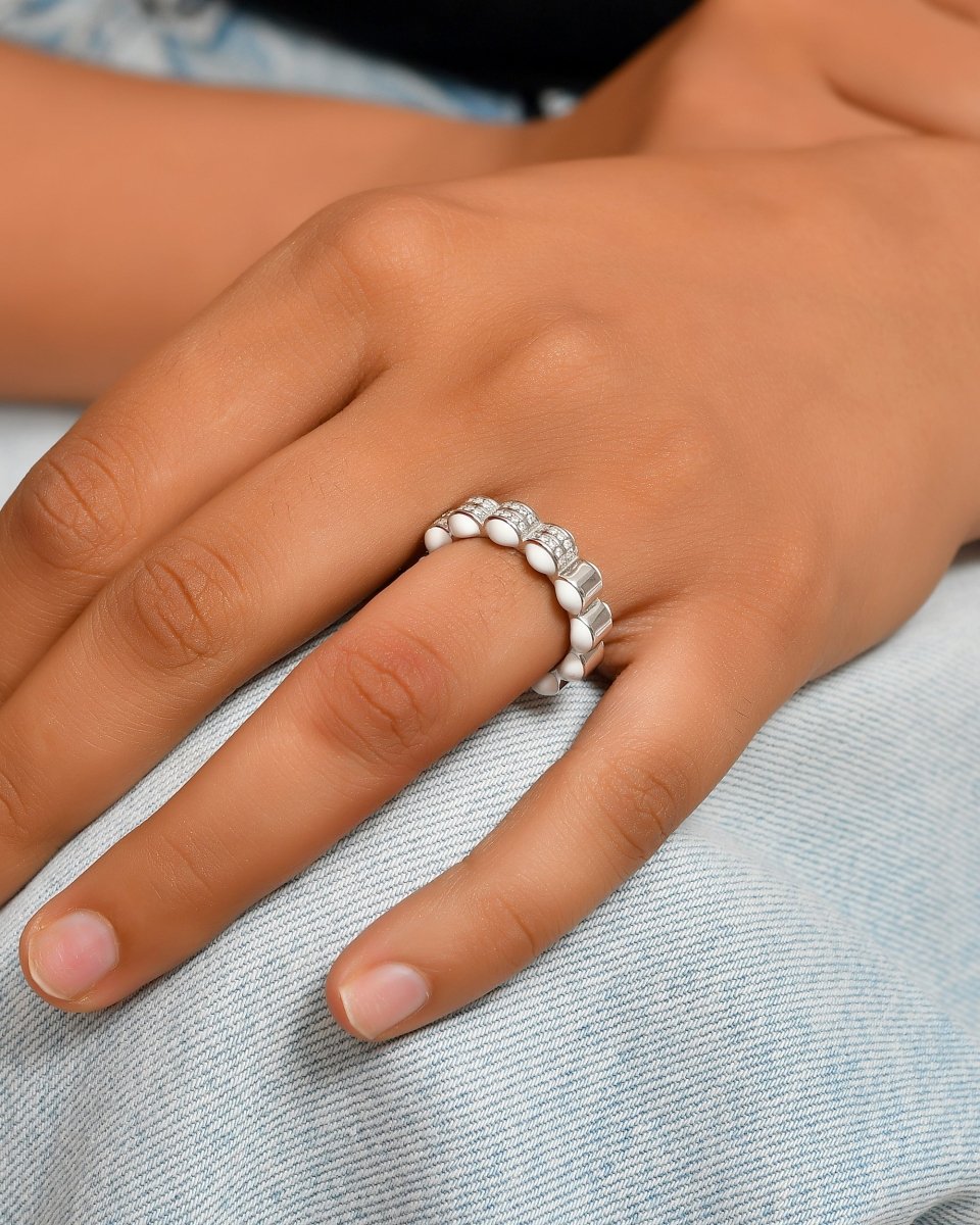 Sterling Silver Scallop Eternity Ring with White Enamel & Pavé Cubic Zirconia – Modern Stackable Band - Zirak Silver