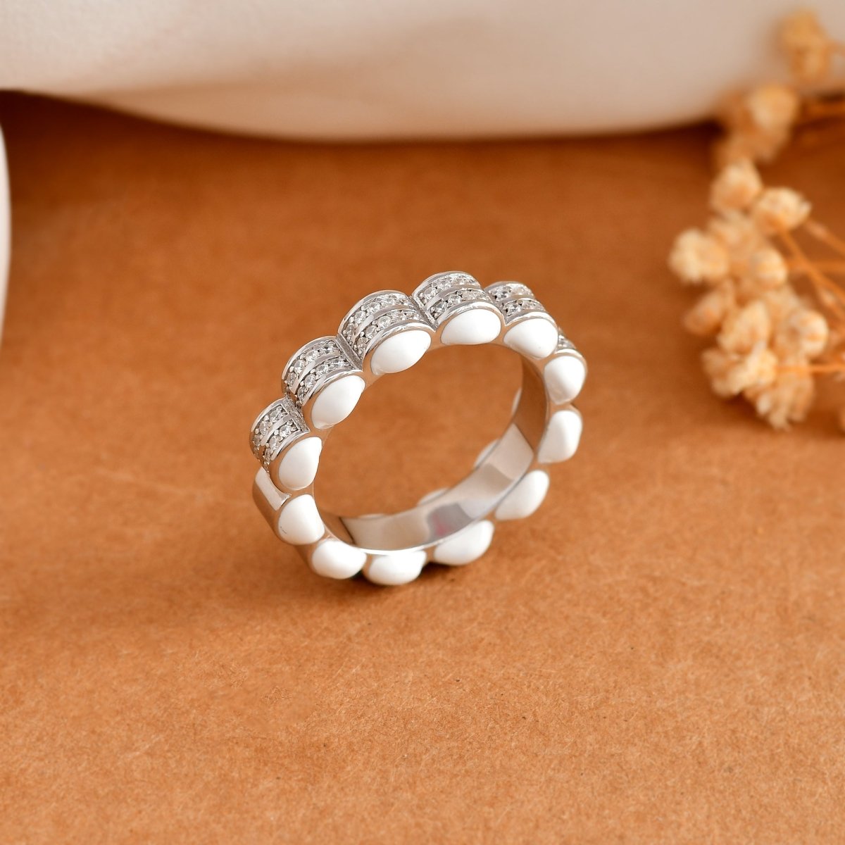 Sterling Silver Scallop Eternity Ring with White Enamel & Pavé Cubic Zirconia – Modern Stackable Band - Zirak Silver