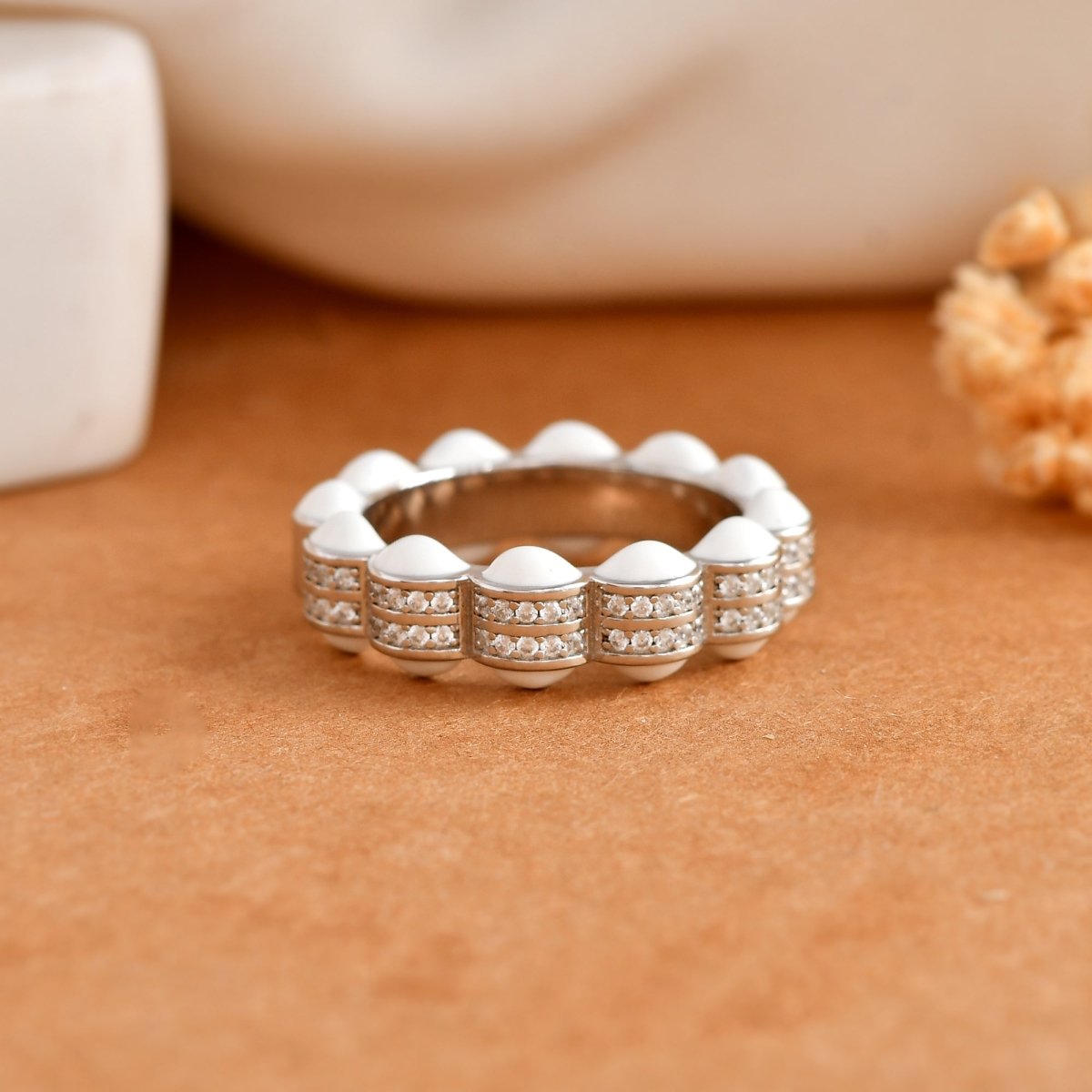 Sterling Silver Scallop Eternity Ring with White Enamel & Pavé Cubic Zirconia – Modern Stackable Band - Zirak Silver