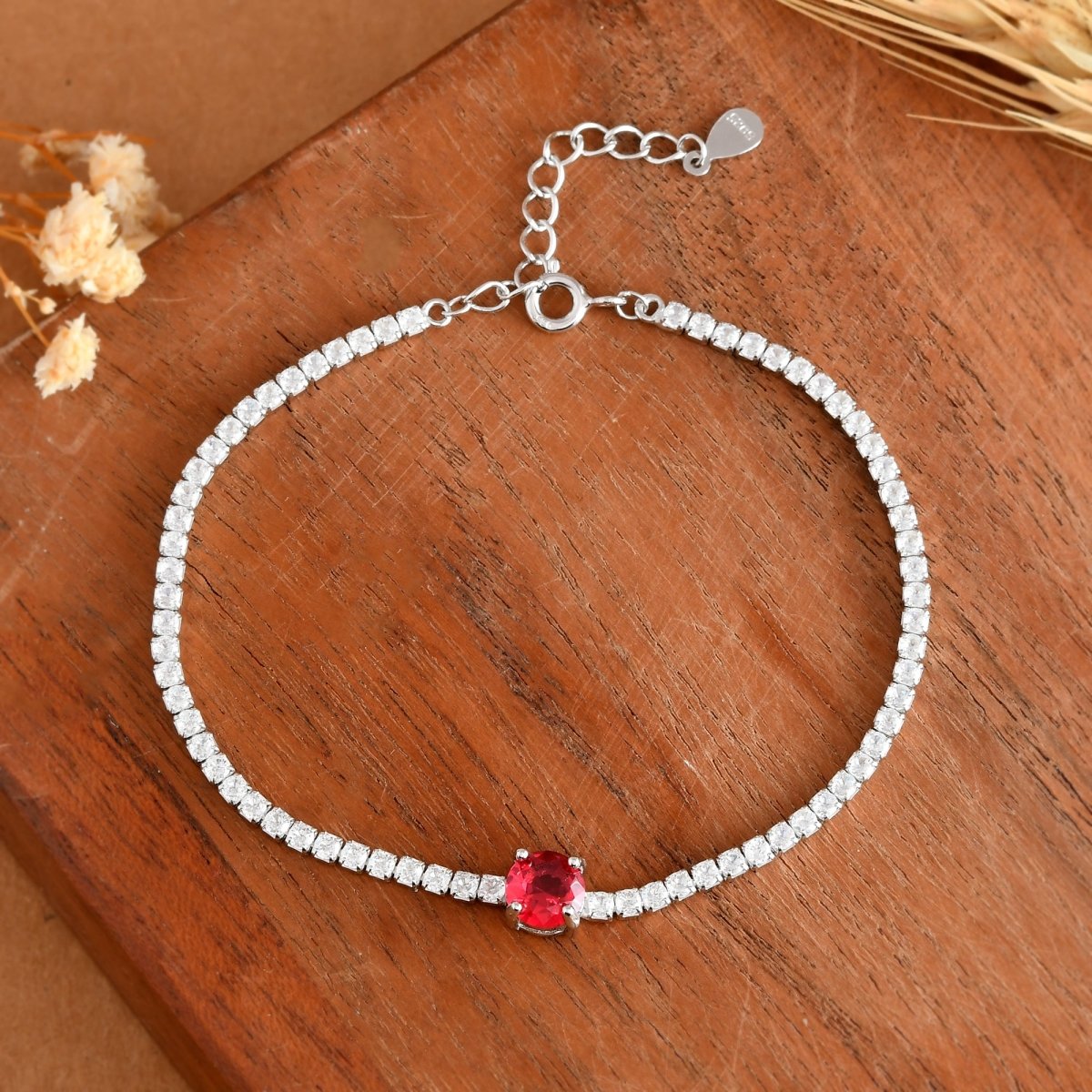 Sterling - Silver Tennis Bracelet with Red Ruby - Tone Center Stone - Zirak Silver