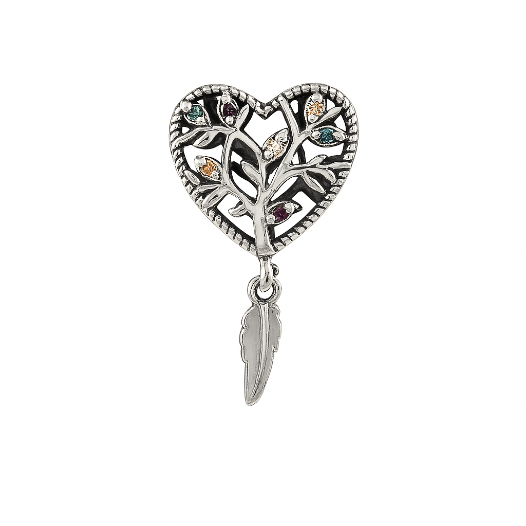 Sterling Silver Tree of Life Heart Charm with Feather Dangle - Zirak Silver