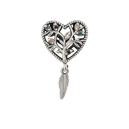 Sterling Silver Tree of Life Heart Charm with Feather Dangle - Zirak Silver