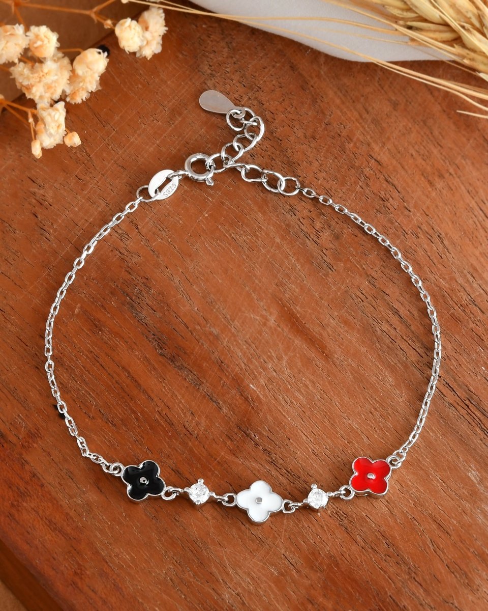 Sterling Silver Tricolor Clover & CZ Station Bracelet – Black, White & Red Enamel Flowers - Zirak Silver