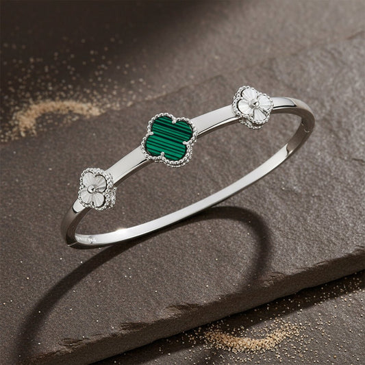 Sterling Silver Triple Clover Bangle with Green Enamel Center - Zirak Silver