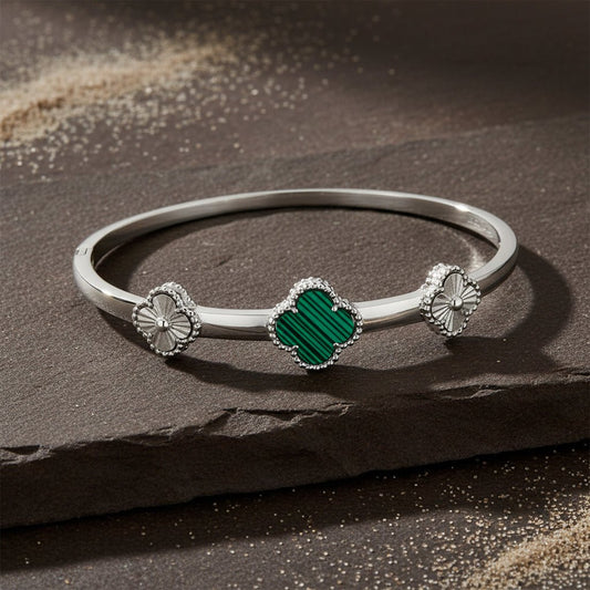 Sterling Silver Triple Clover Bangle with Green Enamel Center - Zirak Silver