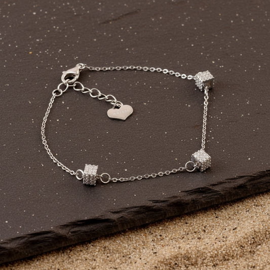 Sterling Silver Triple Cube Bracelet – CZ - Studded Adjustable Chain Bracelet for Women - Zirak Silver