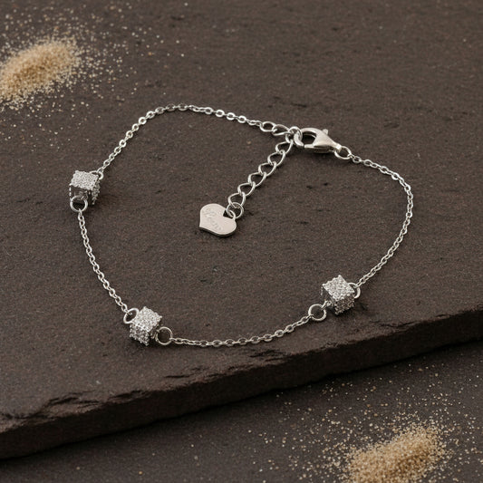 Sterling Silver Triple Cube Bracelet – CZ - Studded Adjustable Chain Bracelet for Women - Zirak Silver
