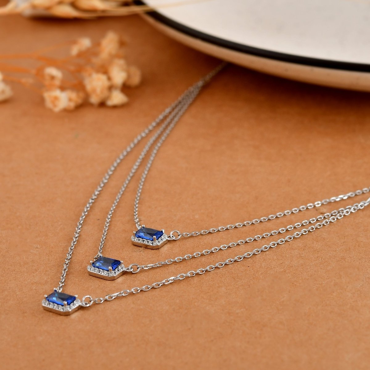 Sterling Silver Triple - Layer Sapphire - Blue Halo Pendant Necklace - Zirak Silver