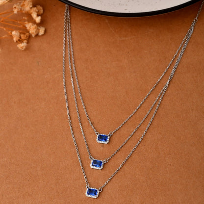 Sterling Silver Triple - Layer Sapphire - Blue Halo Pendant Necklace - Zirak Silver