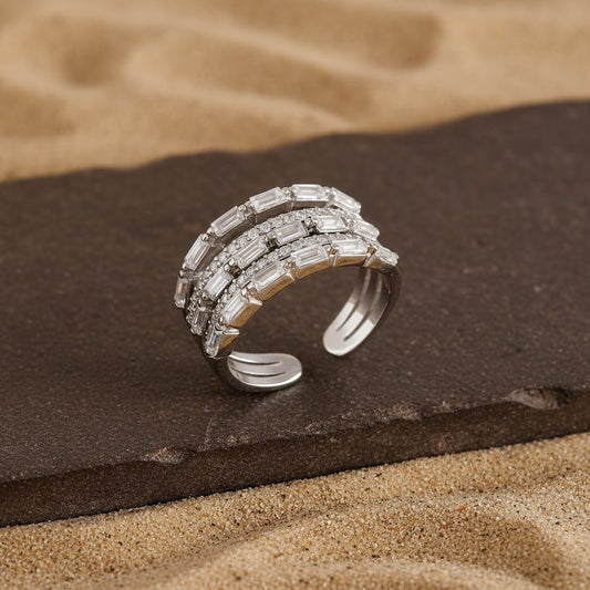Sterling Silver Triple - Row Baguette CZ Statement Ring – Adjustable Cocktail Band - Zirak Silver