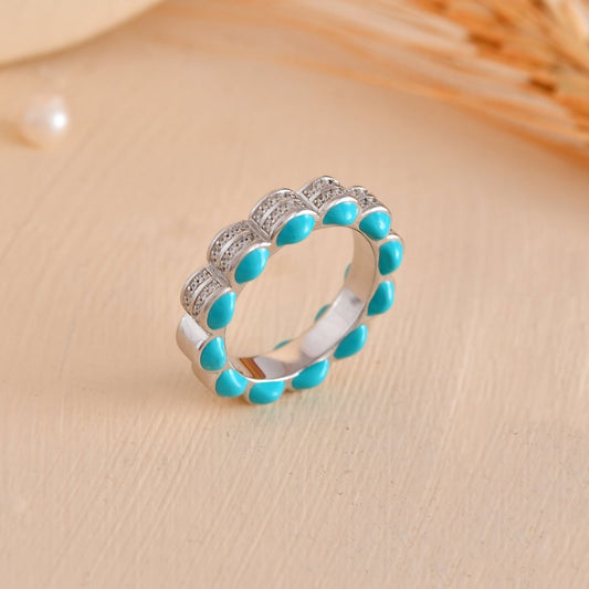 Sterling Silver Turquoise Enamel & Pave CZ Eternity Band – Stackable Boho Ring - Zirak Silver