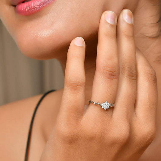 Sterling Silver Twisted Vine Ring with CZ Flower Cluster – Delicate Stackable Floral Band - Zirak Silver