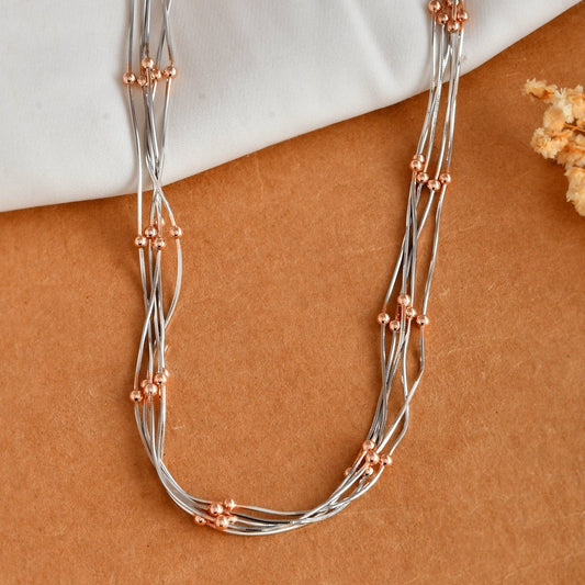 Sterling Silver Wave Tube Necklace with Rose - Gold Bead Clusters | Layered Collar - Zirak Silver