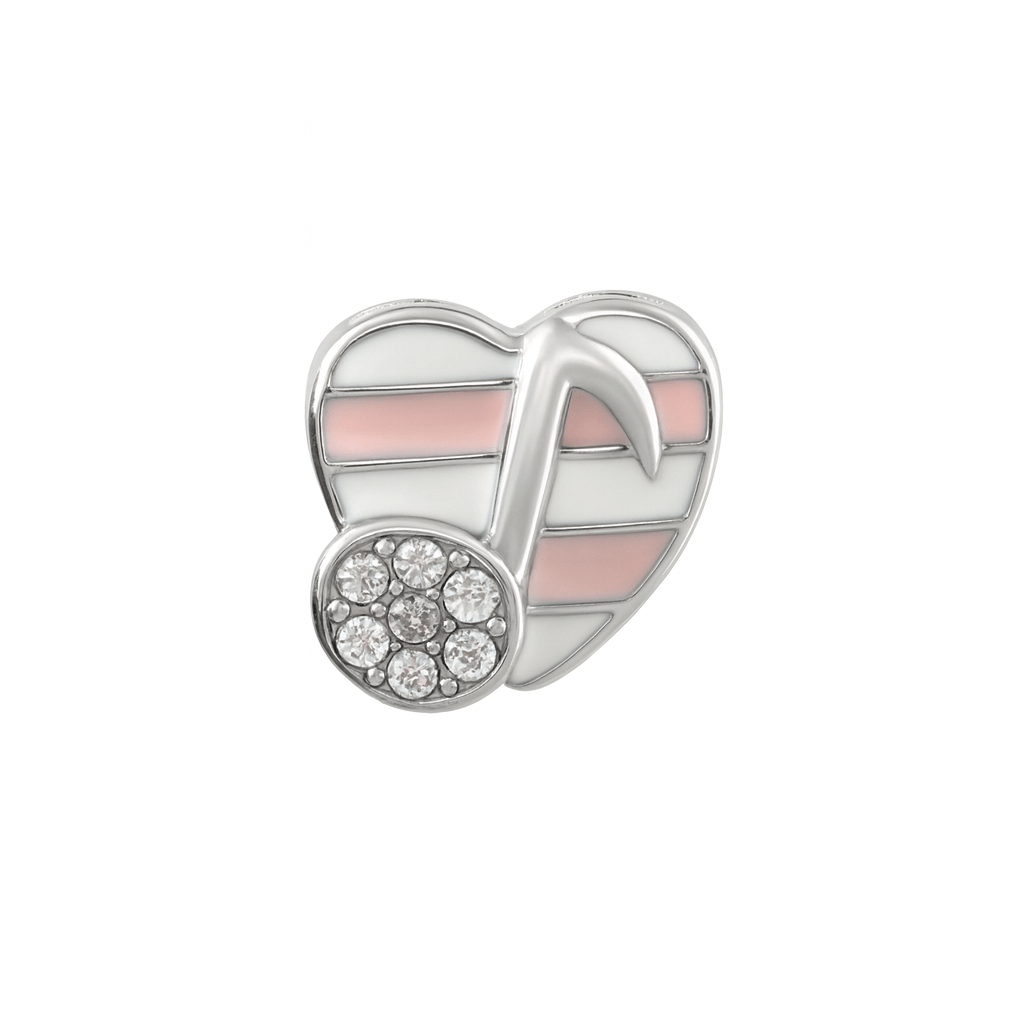 Striped Heart Musical Note Charm in Sterling Silver – Red & White Enamel with CZ Accents - Zirak Silver
