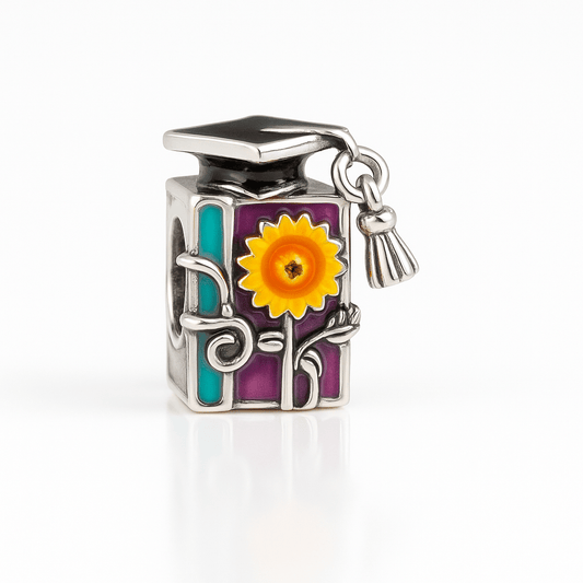 Sunflower Graduation Charm Bead – Sterling Silver Enamel Book & Cap Bead - Zirak Silver