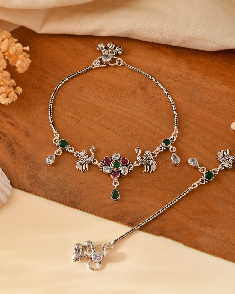 Swan Motif Floral Anklet - Zirak Silver