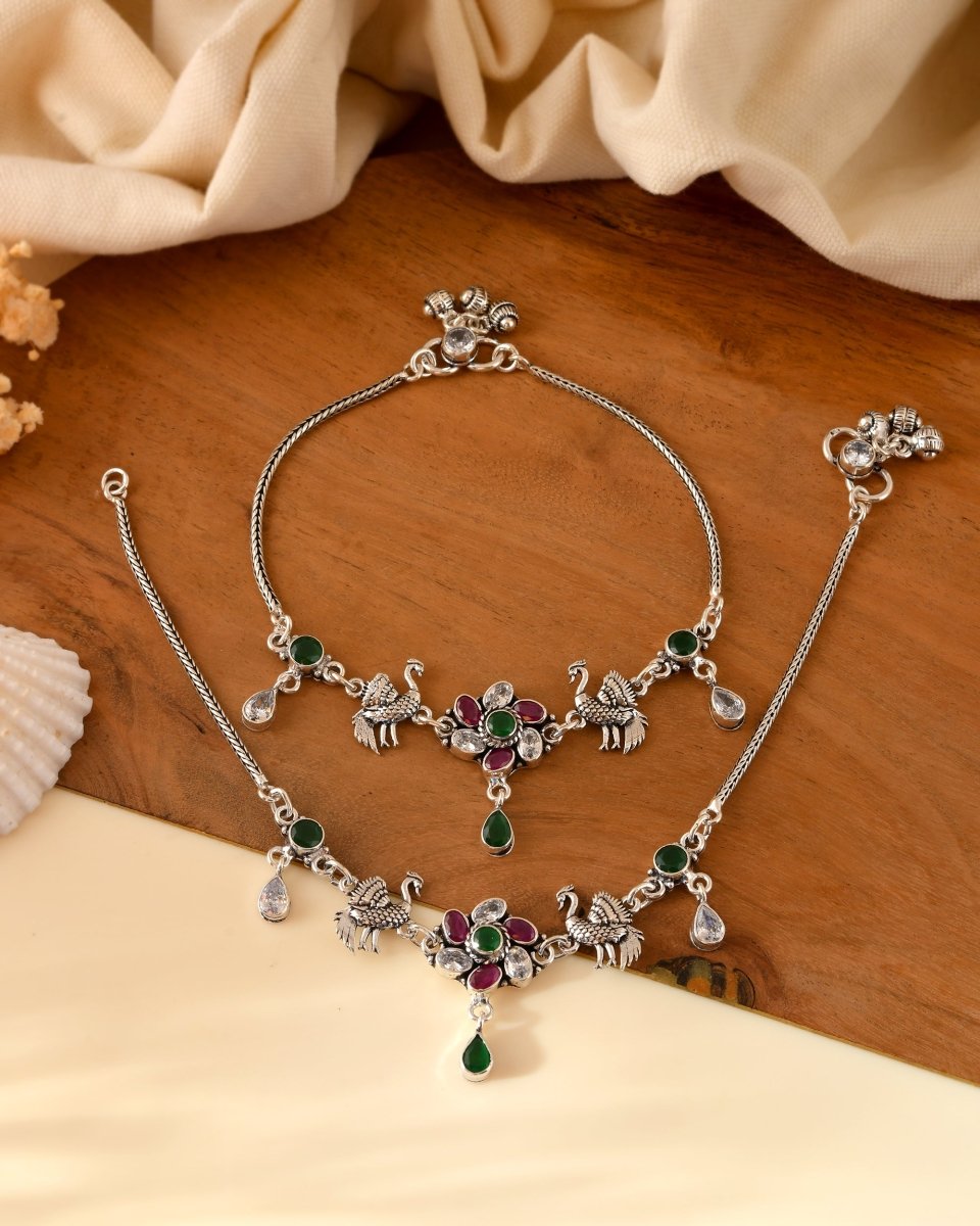 Swan Motif Floral Anklet - Zirak Silver
