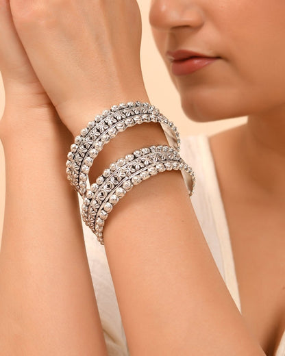 Tara Antique Silver Floral Bangles - Zirak Silver