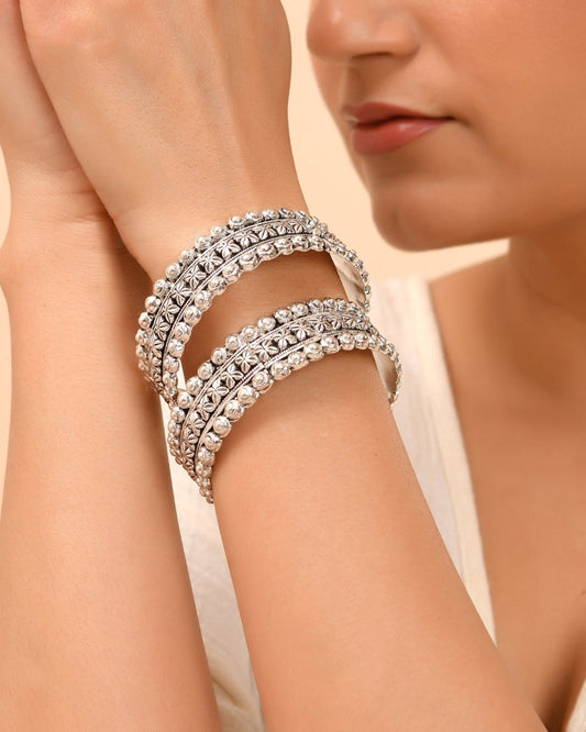 Tara Antique Silver Floral Bangles - Zirak Silver