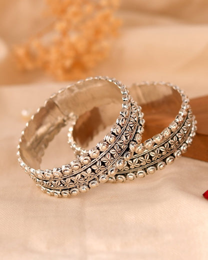 Tara Antique Silver Floral Bangles - Zirak Silver