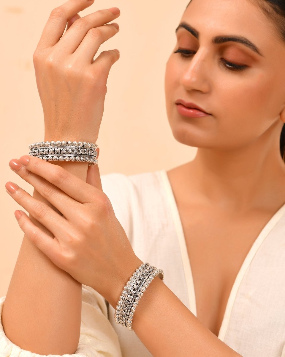 Tara Antique Silver Floral Bangles - Zirak Silver